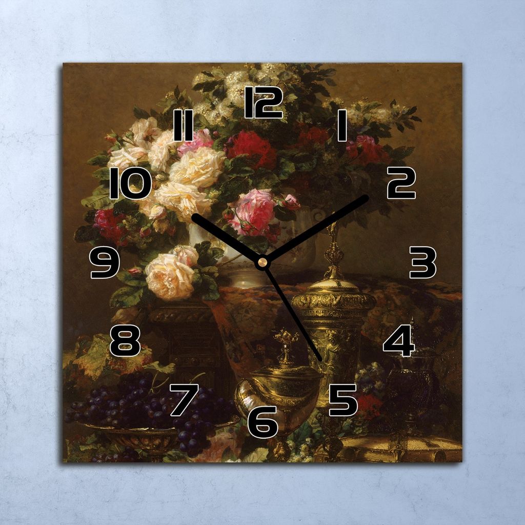 Wanduhr Echt-Glas-Küchenuhr Vase Blumen Ölbild Quarz 30x30 Deko Bilder