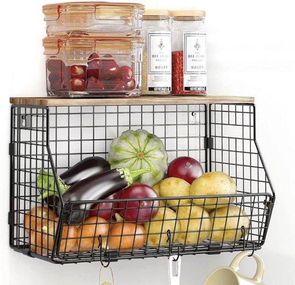 Metallischer Obstkorb mit Bananenhalter – Wandmontage Obst & Gemüse Korb – hängender Küchen Organizer – 40 x 30 x 20 cm – schwarz, braun