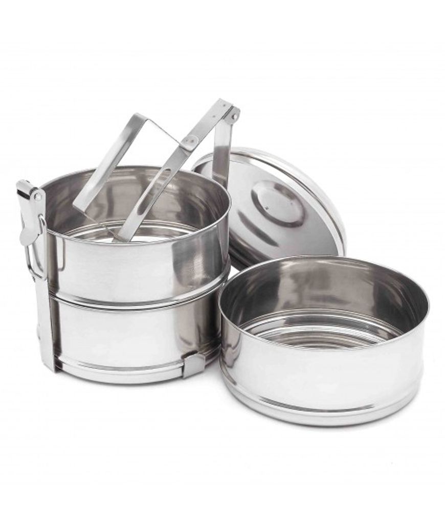 A three-tier stainless steel tiffin carrier with its lid open and one container separate.