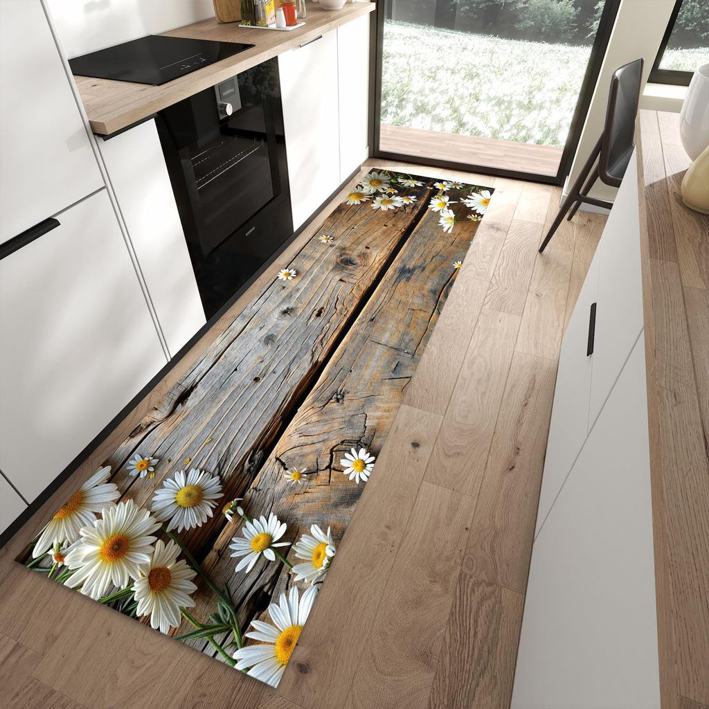 Küchenteppich 80x280cm rutschfest & abwischbar PVC Läufer - Holz und Gänseblümchen