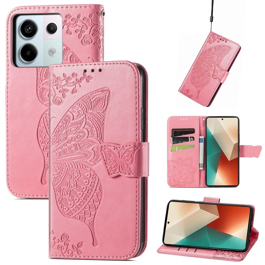 Per Xiaomi Redmi Note 13 Pro / Poco X6 Custodia del telefono cellulare in con portafoglio, design a farfalla, copertura protettiva rosa
