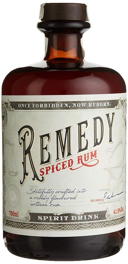 A bottle of Remedy Spiced Rum on a white background.