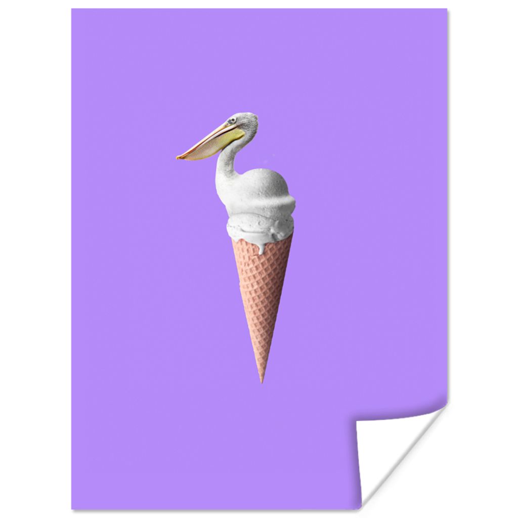 MuchoWow Poster Eiscreme - Vogel - Pelikan - Weiß - Eistüte 30x40 cm - Wandplakat - Poster Kinderzimmer
