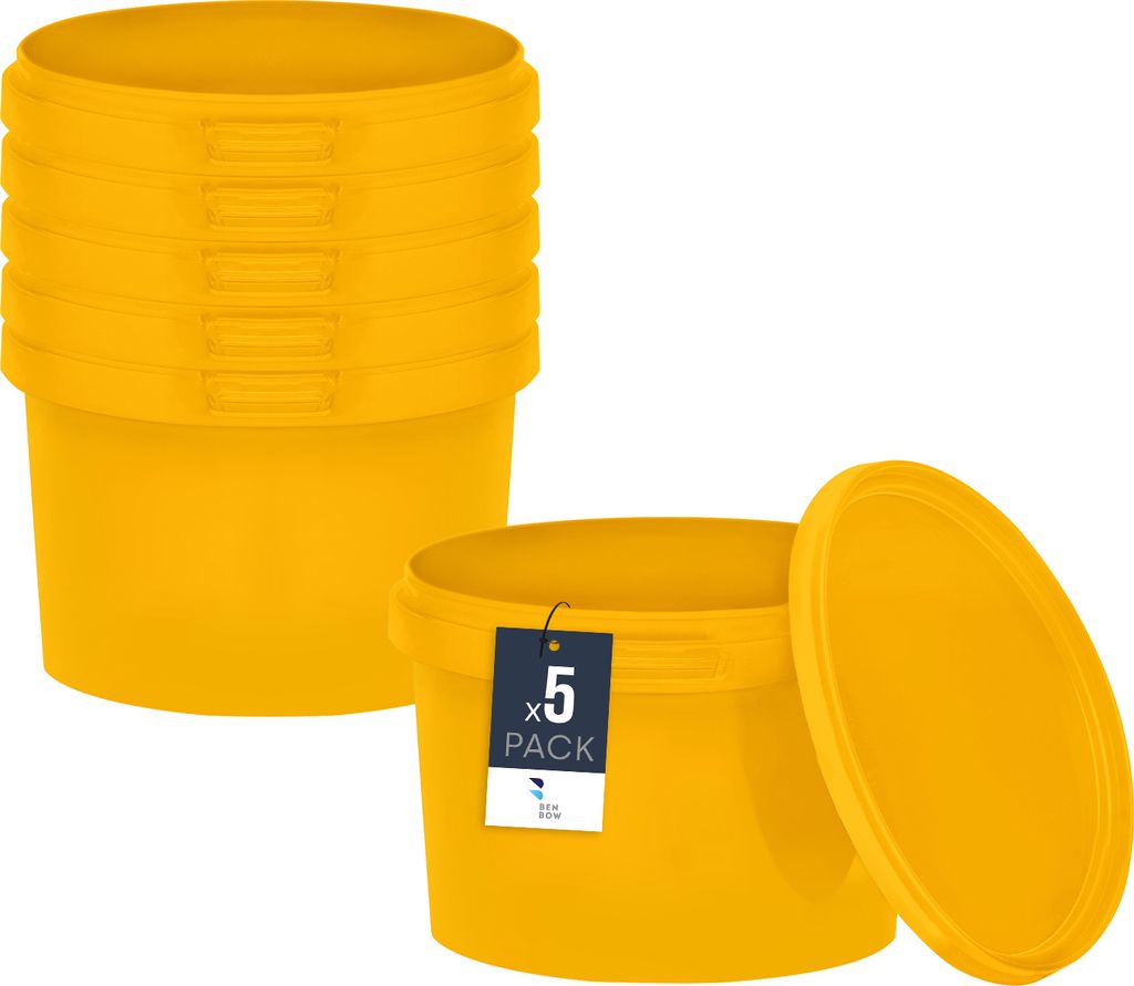 BenBow Eimer mit Deckel 0,5L x5 Gelb - lebensmittelecht, stabil, luftdicht, auslaufsicher, geruchsneutral - Plastikeimer mit Henkel - leer