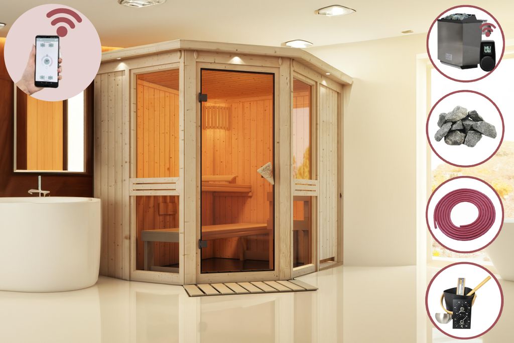 Karibu Sauna Innensauna Heimsauna MARLA 3 Sparset 211x185 cm inkl. 9kw Ofen mit HUUM Wifi (App fähig) Steuerung