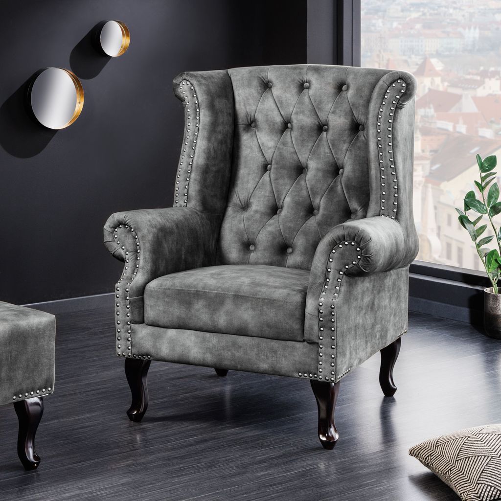 riess-ambiente Ohrensessel CHESTERFIELD 105cm grau silber Produktbild 