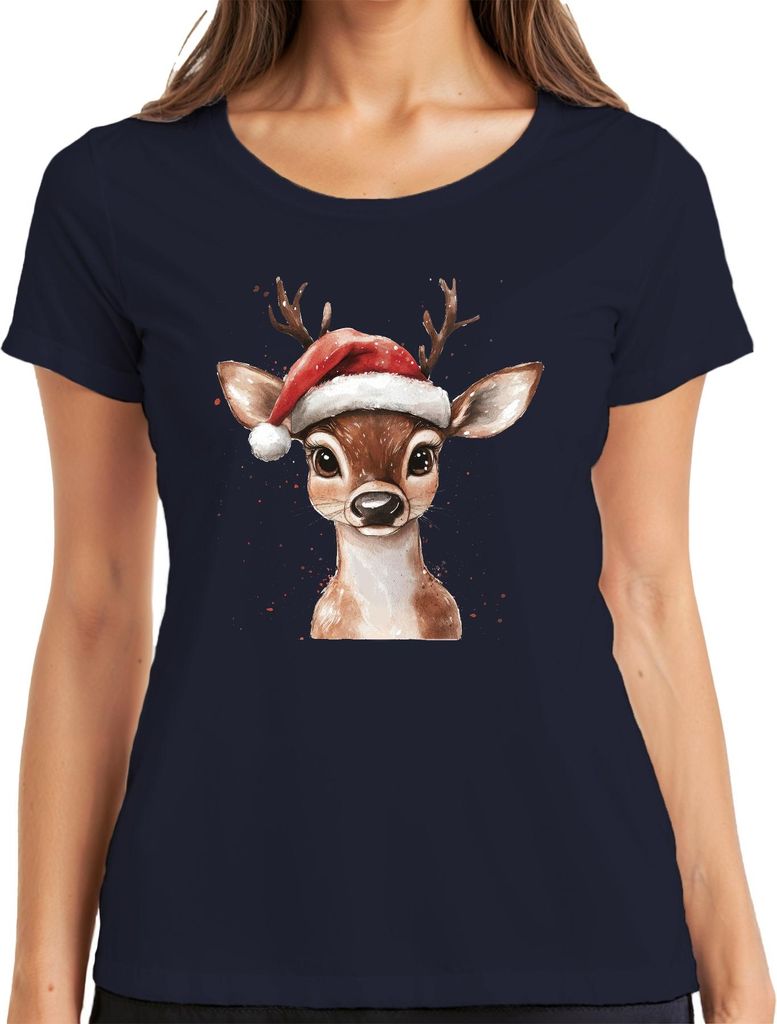 Weihnachten Rentier Aquarell Rehkitz süß Santa Geschenk Kinder Damen T-Shirt, Navy, S