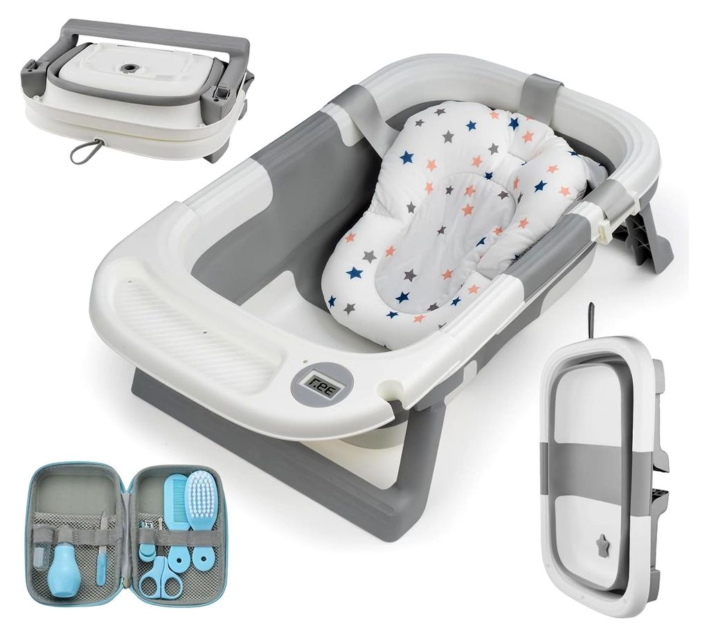 Faltbare Babybadewanne für Neugeborene und Kleinkinder von 0-3 Jahren, mit rutschfester Matte und 7-teiligem Pflege-Set, tragbare Badewanne mit in...