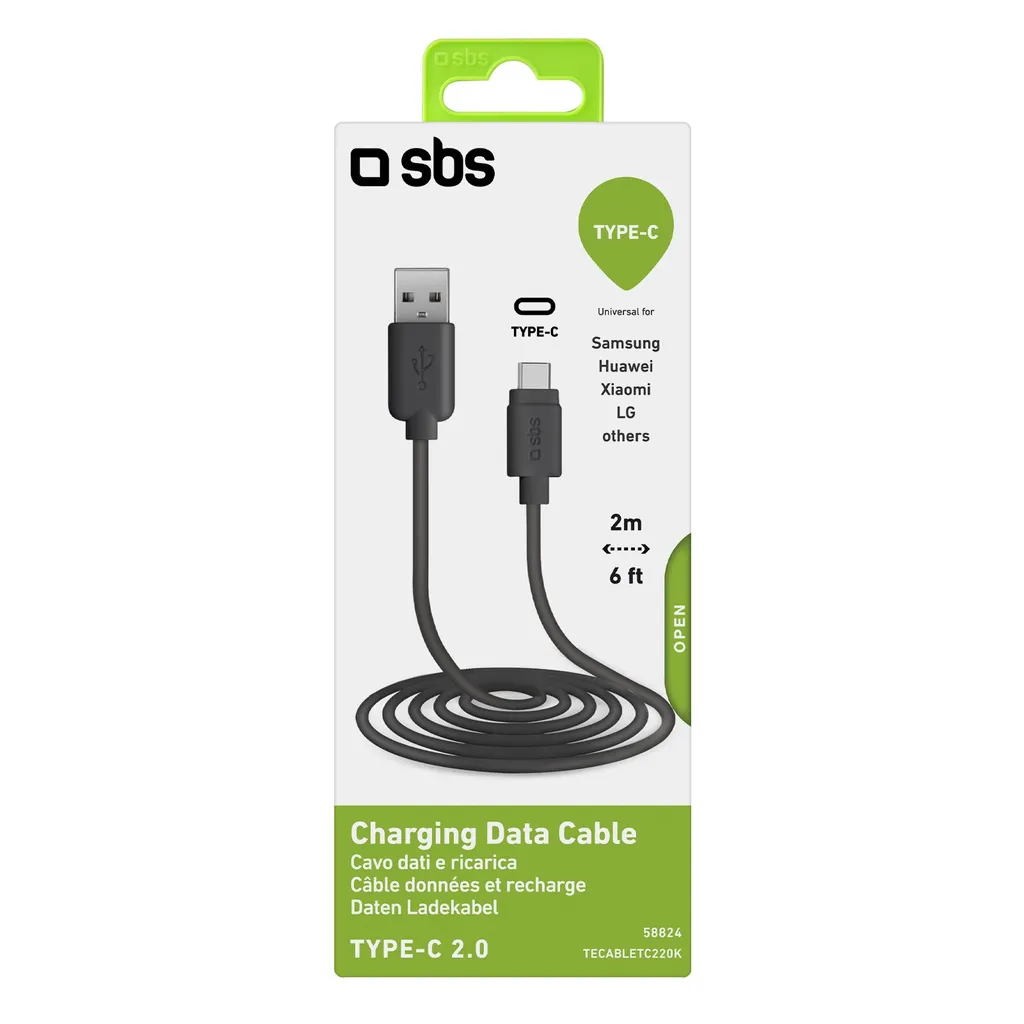 Câble USB-C sbs 2 mètres avec connecteurs renforcés et charge stable