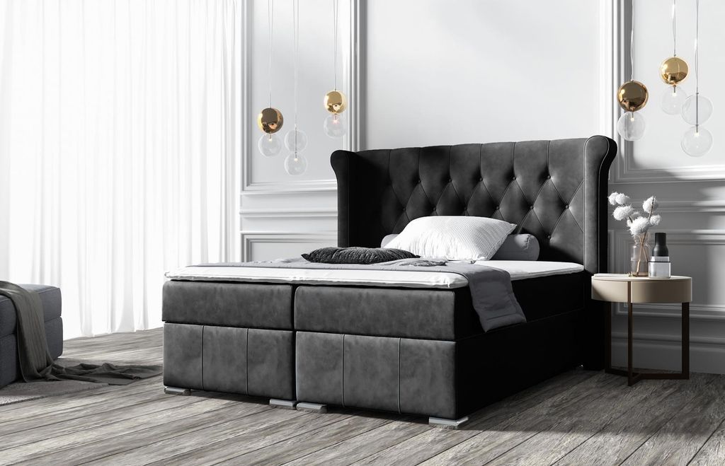 Beautysofa Boxspringbett Massi, 2 Bettkästen, Bonnellfederkernmatratzen, Kopfteil gesteppt (Stoff: Matt Velvet 99 - Schwarz, Breite: 200 cm)