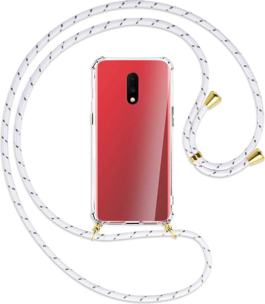 Handykette Backcover-Schutzhülle mit Band (Metall goldfarben) für OnePlus 7 - weiß/grau