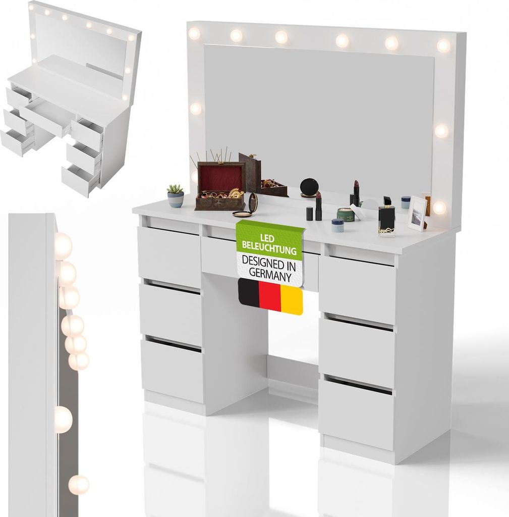 Juskys Schminktisch Lilia mit LED, 7 Schubladen & großem Produktbild 
