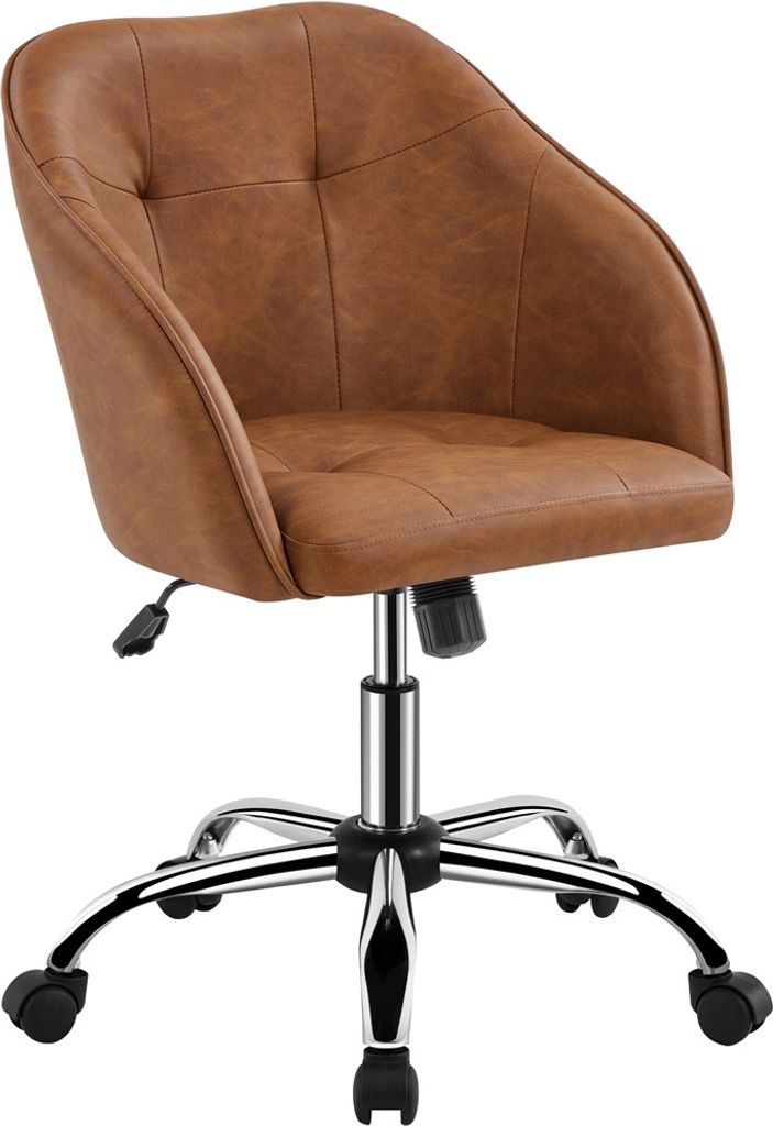 A brown office chair with a chrome base and wheels, shown from a front-side angle against a white background.