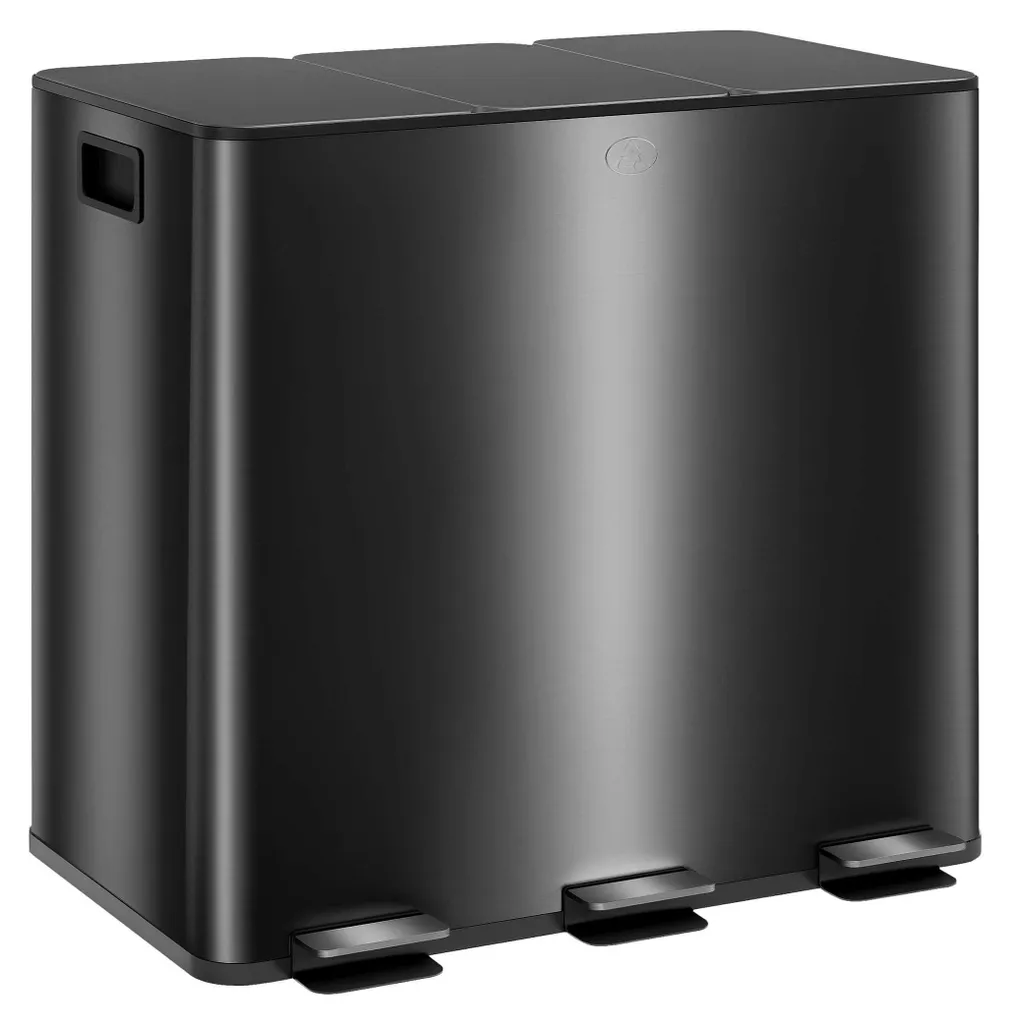Poubelle de cuisine familiale pour le tri sélectif 3 bacs 45L noir inox