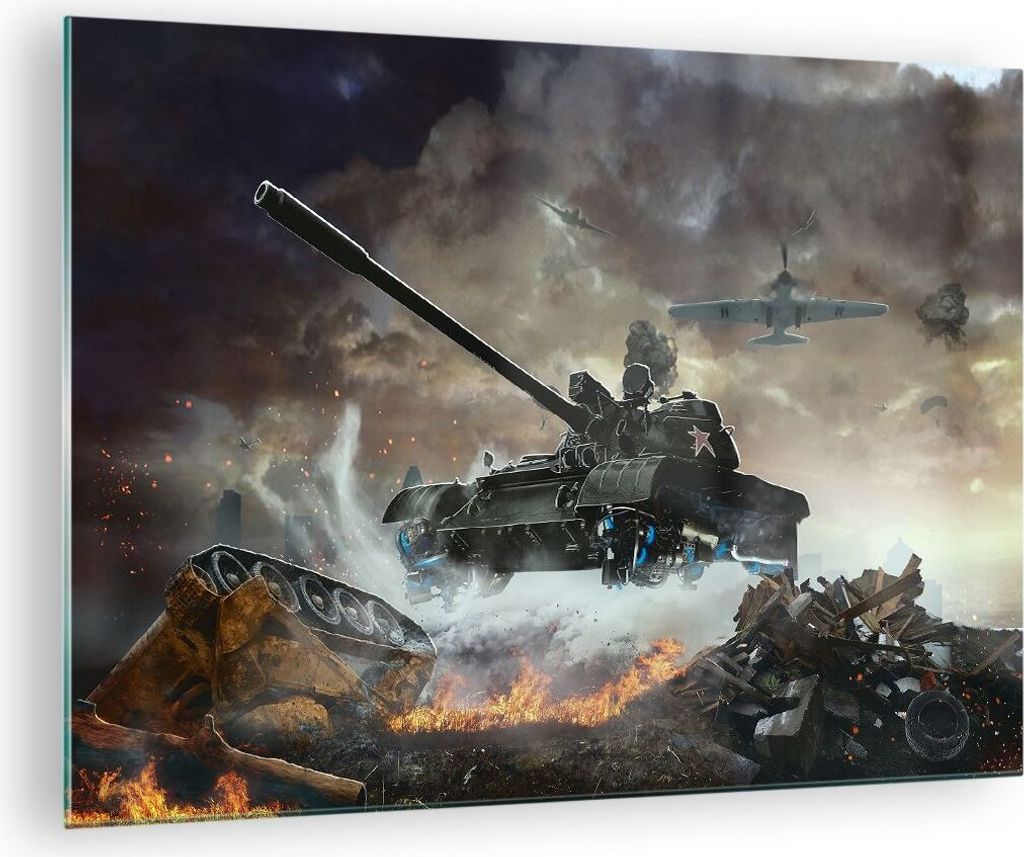Bilder auf glas - Krieg Panzer Airplain Schlacht - 70x50cm - Glasbilder - Wandbilder - Kunstdruck - zum Aufhängen bereit - Wanddekoration aus Glas...