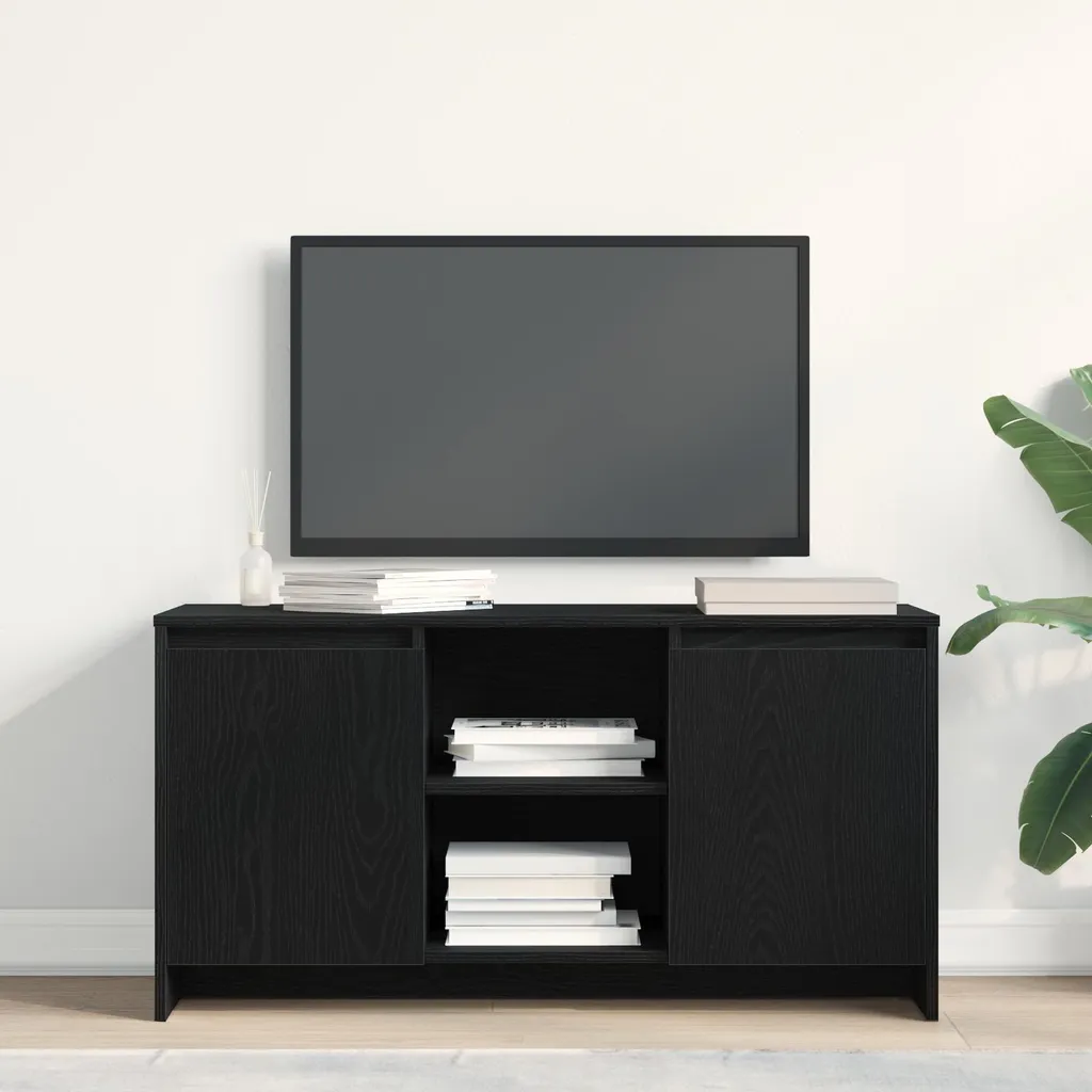 Support TV noir et bois pour petit salon, meuble de rangement 102 cm