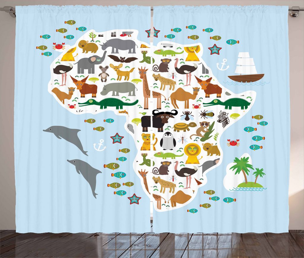 ABAKUHAUS Afrika Rustikaler Vorhang, Hyäne Giraffe Hippo, Wohnzimmer Universalband Gardinen mit Schlaufen und Haken, 280 x 225 cm, Mehrfarbig