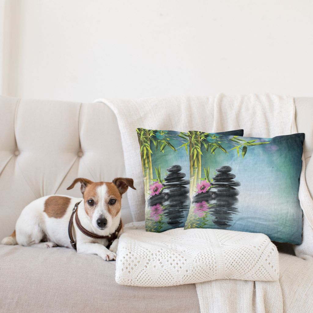 ABAKUHAUS Spa Kissenbezug Set (2Stück), Turm Stein Und Hibiscus Mit Bambus Auf Dem Wasser Hintergrund, 60x60cm, Petrol Blue Lime Grün