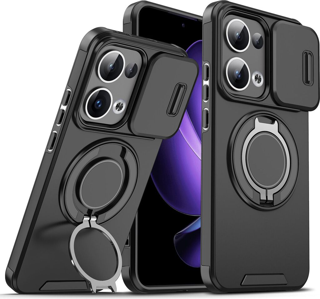 Handyhülle für Oppo Reno13 Dual-Layer Stoßfest Militär Hülle mit Dia Kameraschutz und Magnetisch Ring Ständer Schwarz