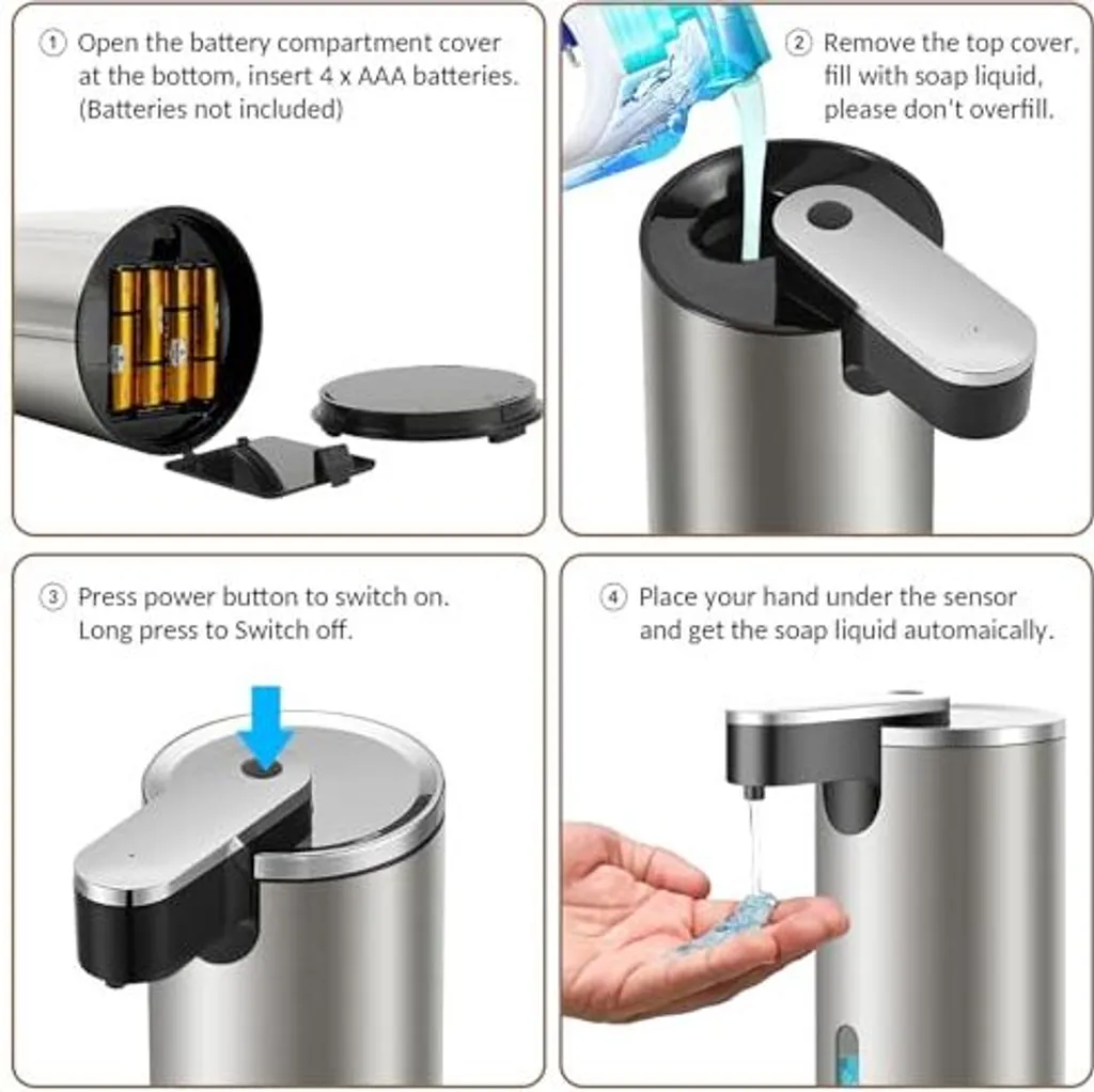 Dispenser Sapone Automatico Senza Contatto - 300ml A Batteria Con Sensore E 4 Livelli Regolabili - Impermeabile IPX6 Per Cucina E Bagno (Grigio)