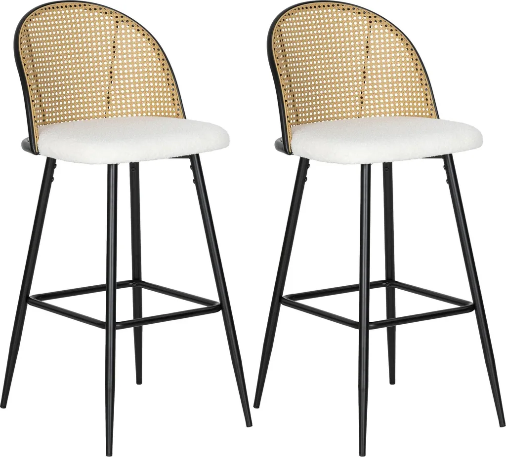 Tabouret de bar confortable dossier rotin et assise moelleuse blanc x2