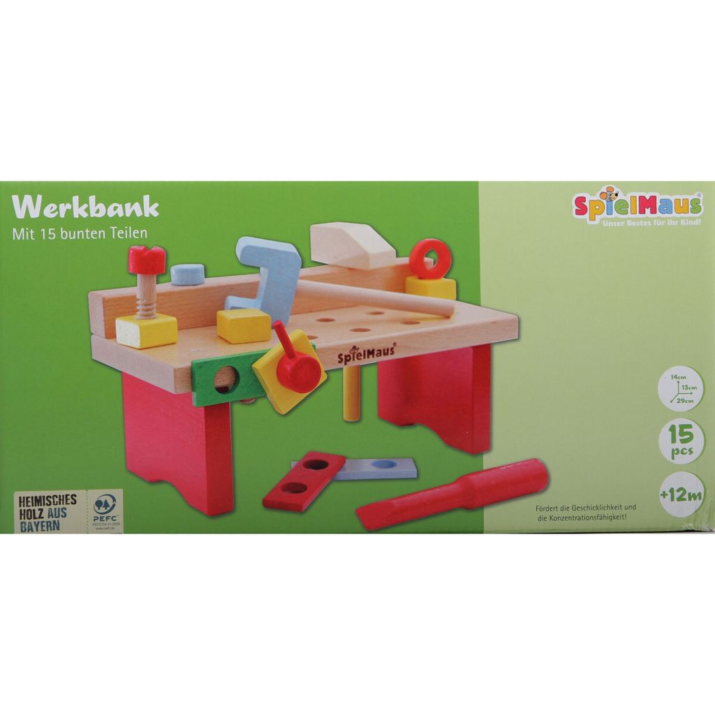 SpielMaus Holz Werkbank 15-teilig, 29 x 14 x 13 cm, Germany