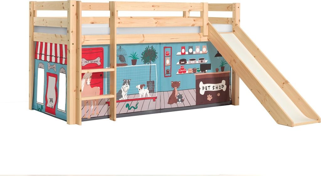 Halbhohes Bett Pino Tiere mit Rutsche und Textilset Kiefer Natur lackiert