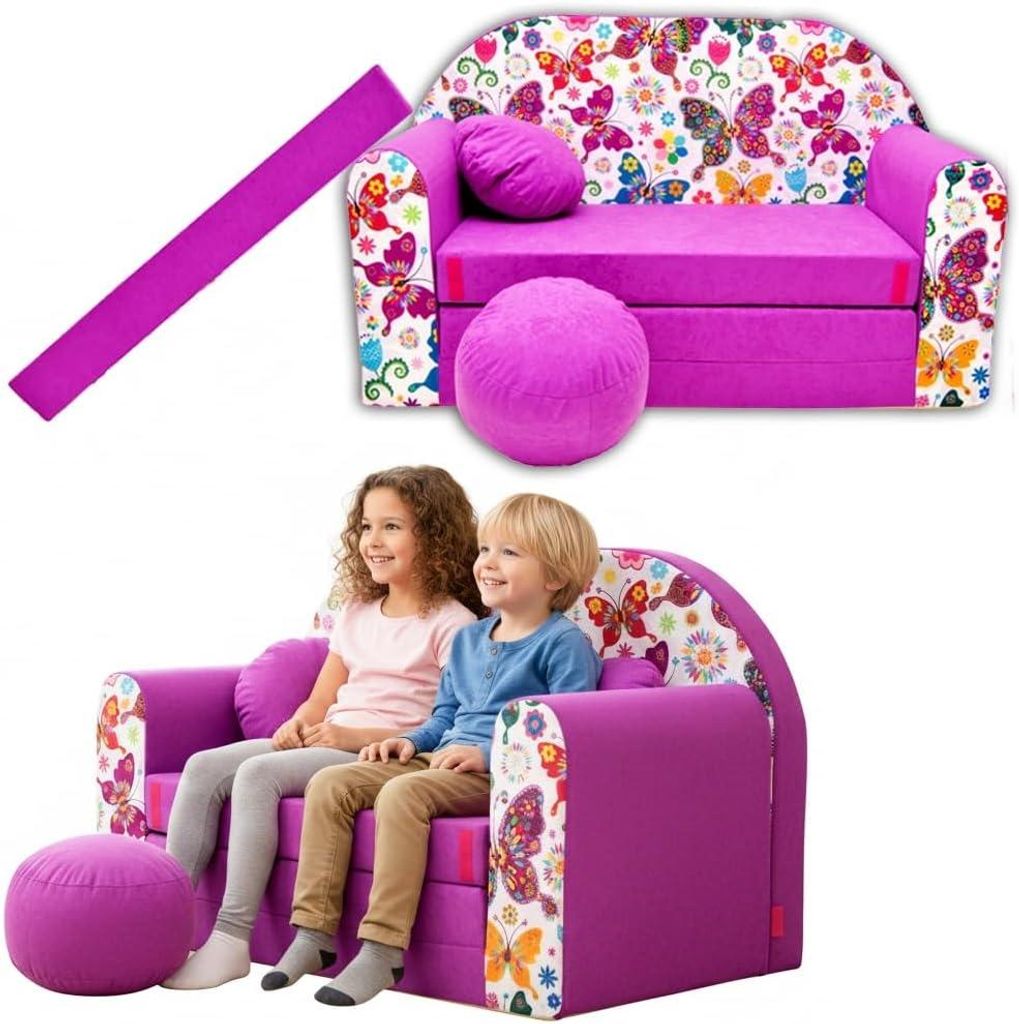 TUPPI Kindersofa Kinder Couch mit Schlaffunktion ausklappbar, 168x98cm, Set mit Kissen und Fußstütze, Spielsofa, Bettfunktion - Mädchen Jungen, ...