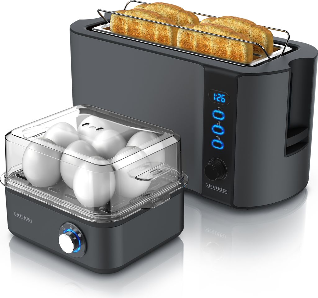 Arendo 2-teiliges Frühstücksset - 4-Scheiben Langschlitz Toaster, 8er Eierkocher, Grau