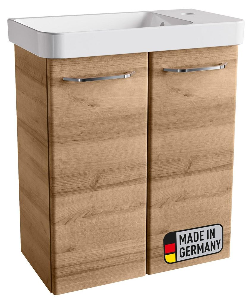 BadeDu NES Gäste WC Set 55 cm Badmöbel Set in Ast Eiche Holzoptik mit Keramik Waschbecken, modernes Gästezimmermöbel