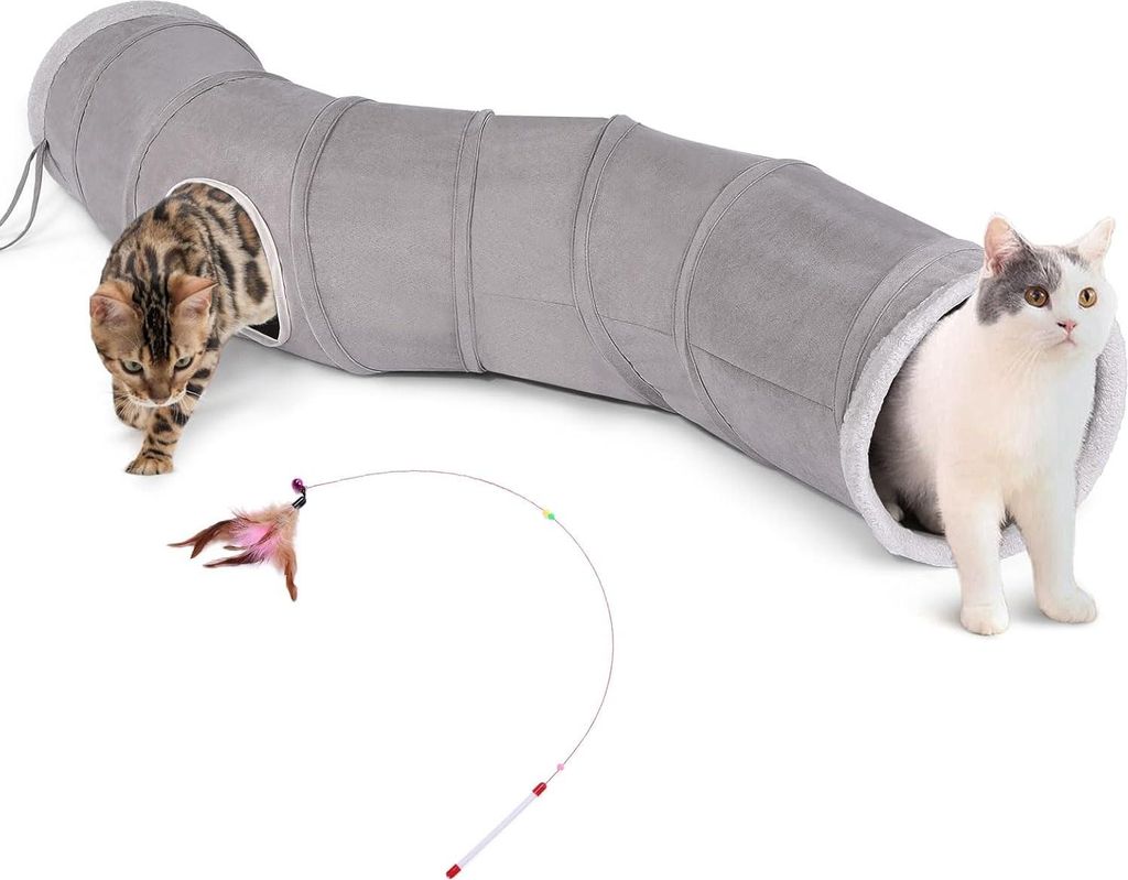 Stoff Kattentunnel mit Ball und Kattenteaser Spieltunnel - Katzen und Kaninchen Hastunnel Robust - Nicht Ausfransend