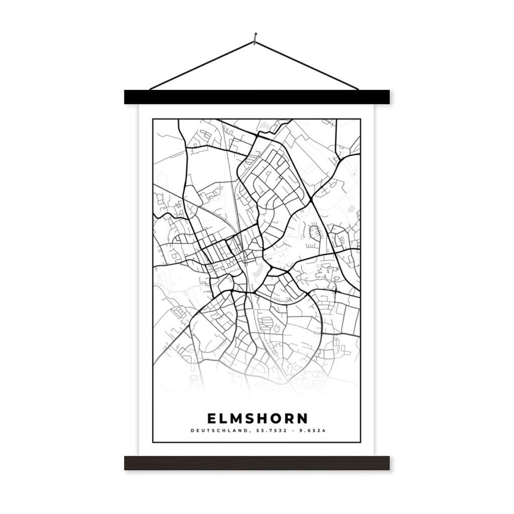 MuchoWow Textilposter Karte - Elmshorn - Karte - Stadtplan 40x60 cm mit schwarzem Rahmen - Wanddekorationen