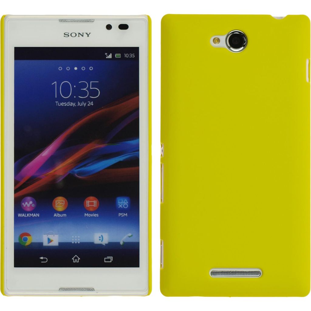 PhoneNatic Case kompatibel mit Sony Xperia C - Hülle gelb gummiert Hard-case + 2 Schutzfolien