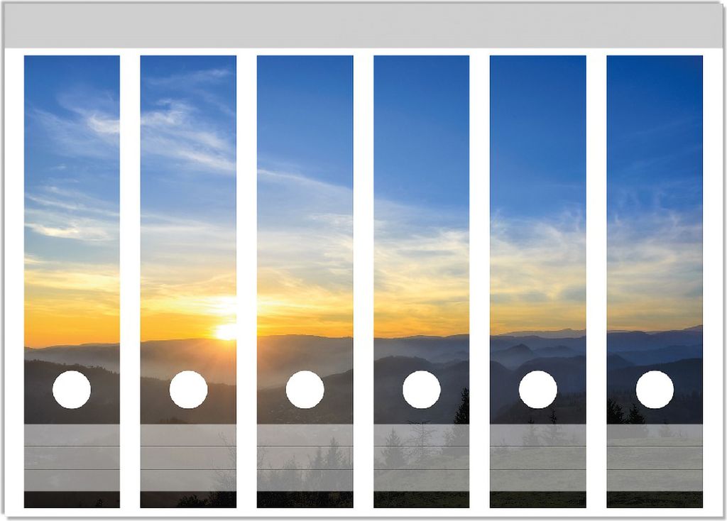 Wallario Ordnerrücken Sticker, selbstklebend für breite Ordner, 6 Stück, Motiv Sonnenaufgang über dem Schwarzwald