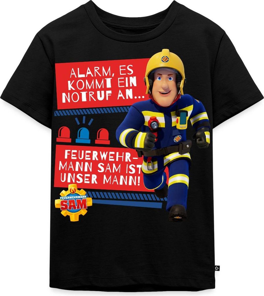 Spreadshirt Feuerwehrmann Sam Mit Text Vom Intro-Song Kinder Premium T-Shirt, 98/104 (2 Jahre), Schwarz