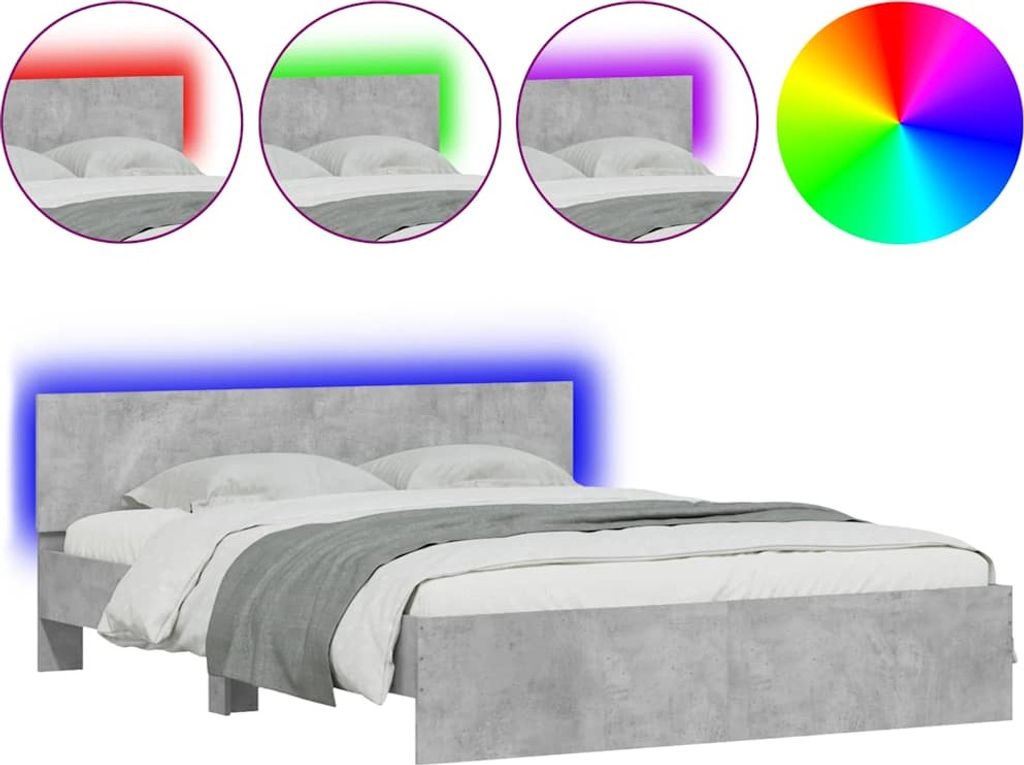 vidaXL Bettgestell mit Kopfteil LED-Beleuchtung Betongrau 150x200 cm