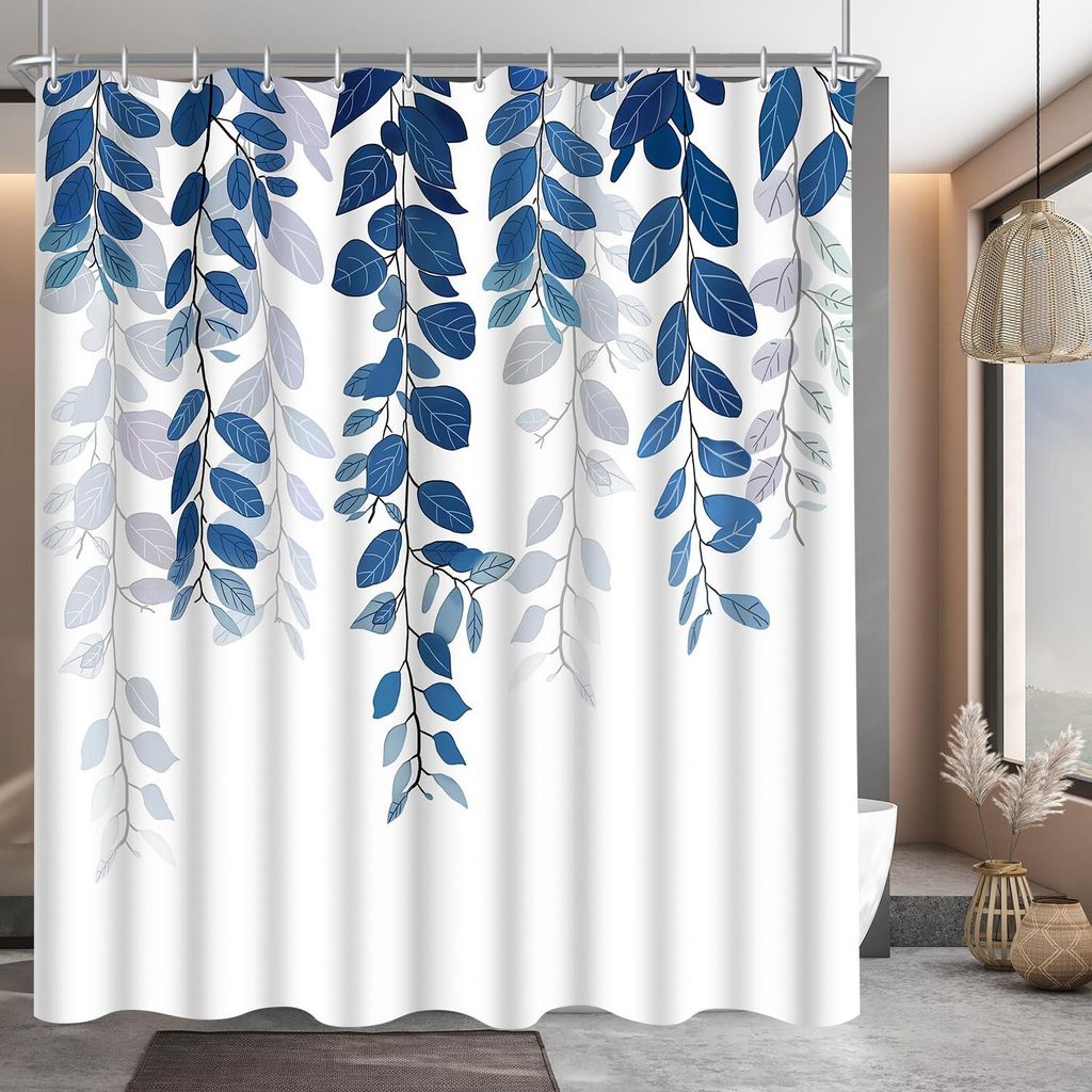 Duschvorhang 180 x 200 cm, blaublatt, beschwerter Saum, schimmelresistentes, wasserabweisendes und waschbares Polyestergewebe mit 12 Ösen und Dusc...