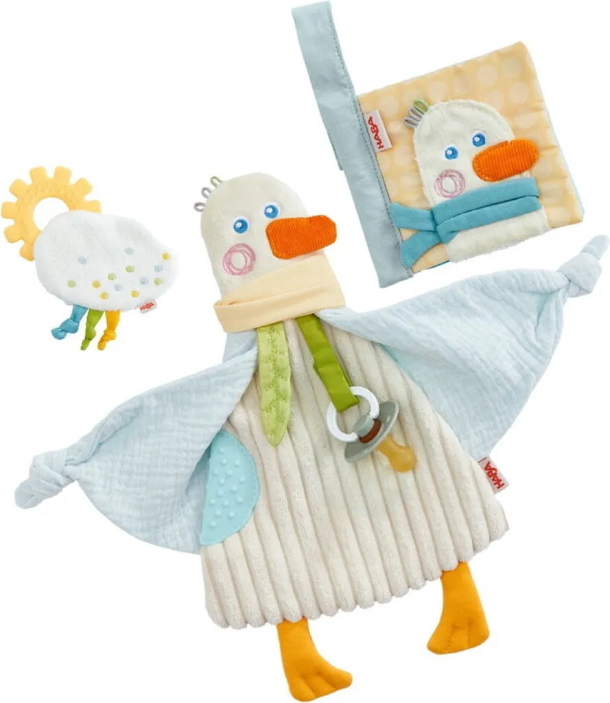 Coffret de jeux d'éveil oie 3en1 HABA avec attache-sucette pour bébé