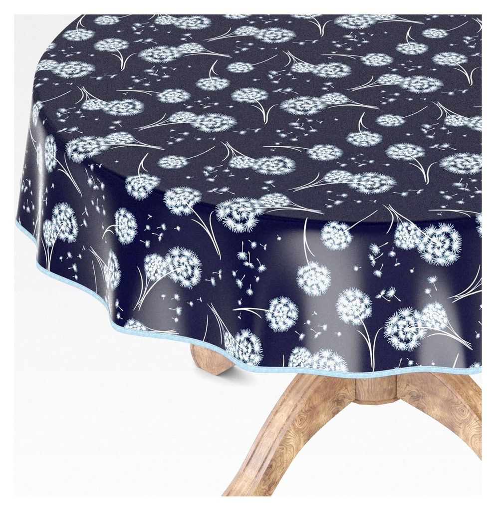 Wachstuchtischdecke abwaschbar für Gartentische in verschiedenen Formen und Größen, 100 cm mit Saum Pusteblume Blau