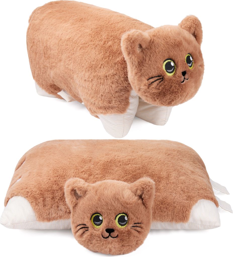 Two views of a brown plush cat pillow on a white background.