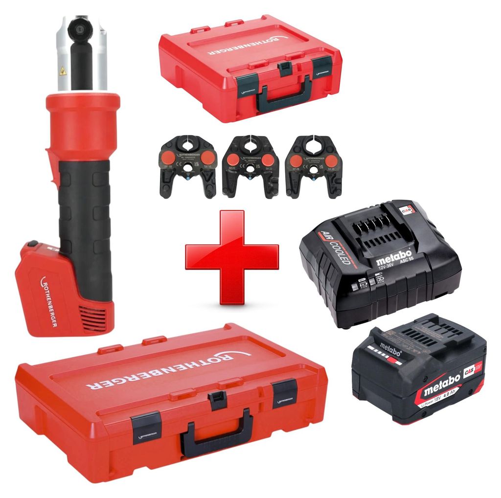 Rothenberger ROMAX NANO Akku Pressmaschine 18 V 34 kN CAS + 1x Akku 4,0 Ah + Ladegerät + 3 tlg. SV Pressbacken Set + Rocase