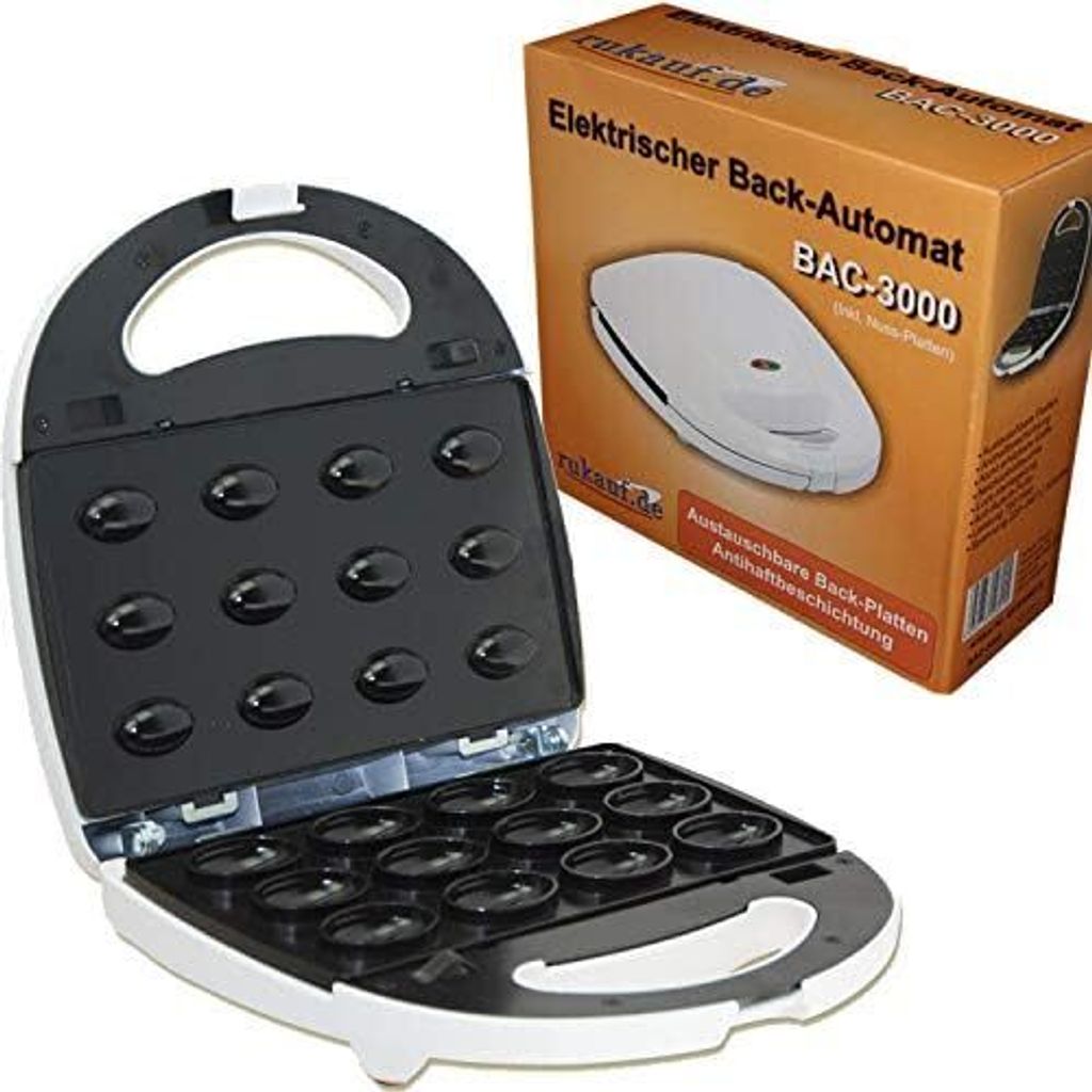 An open waffle maker and its packaging are displayed against a white background.
