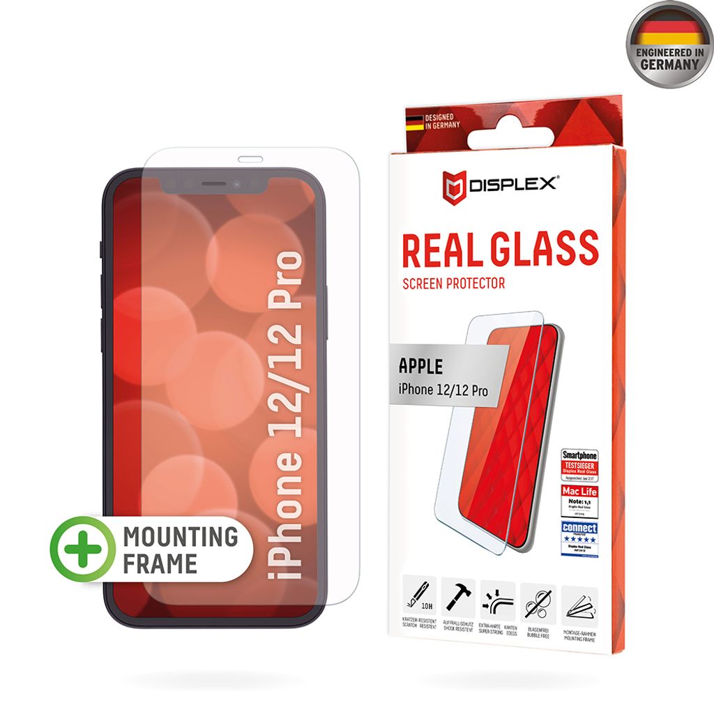 A screen protector for an Apple iPhone 12/12 Pro is shown with its packaging and a mounting frame.