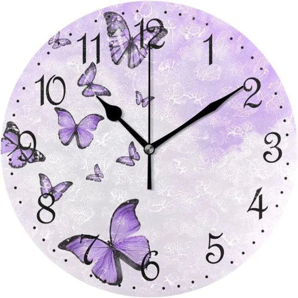 Horloge Murale Silencieuse 25 cm Sans Bruit Motif Papillons Violets