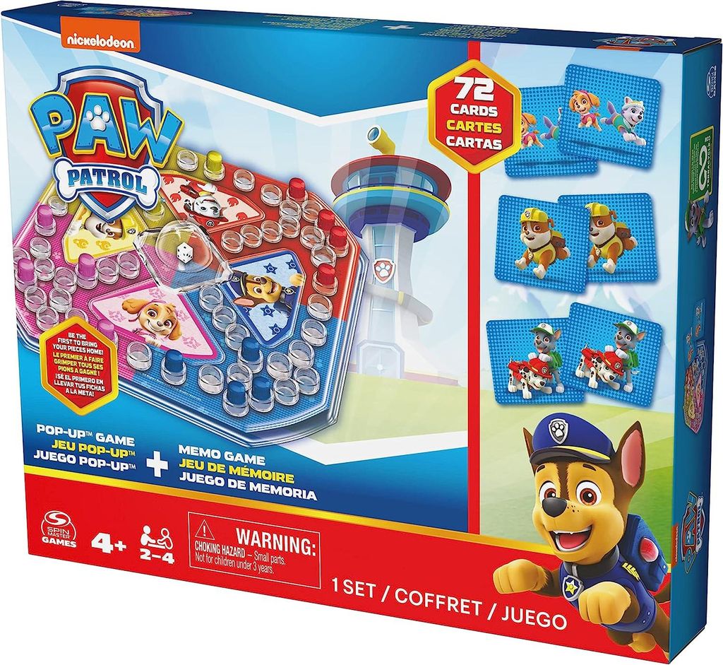 The image shows the packaging of a Paw Patrol 2-in-1 game set, featuring both a pop-up game and a memory game.