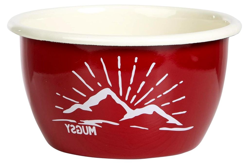 Emaille Schale, Rote Auflaufform mit Berg Design, Emaille Geschirr für Ofen und Camping