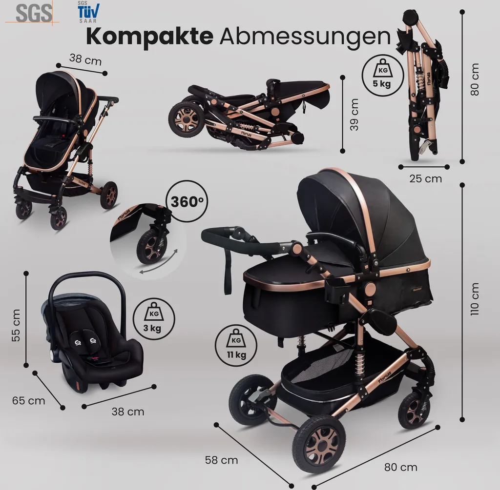 GaGaDumi Florida Poussette 3 en 1 avec Siège Auto et Roues en Gomme