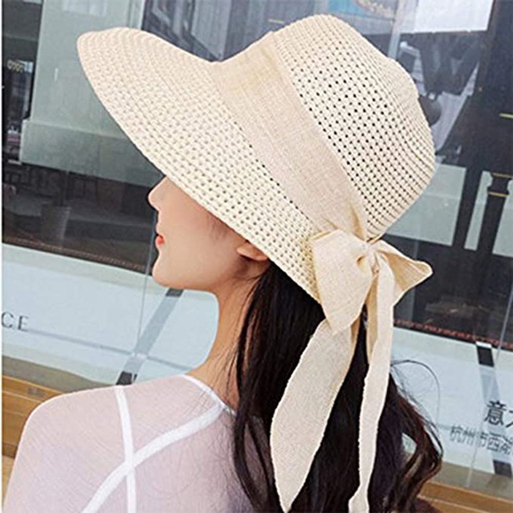 Frauen Floppy Sommer Stroh Sonnenhut Große Breite Krempe Faltbarer Bogen Hut 