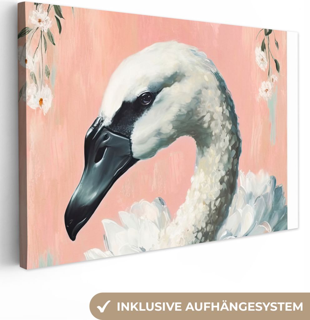 OneMillionCanvasses - Leinwandbilder - 150x100 cm, Schwan - Tiere - Blumen - Pastell - Weiß, Wandbilder Kunstdruck Wanddekoration - Foto auf Lei...