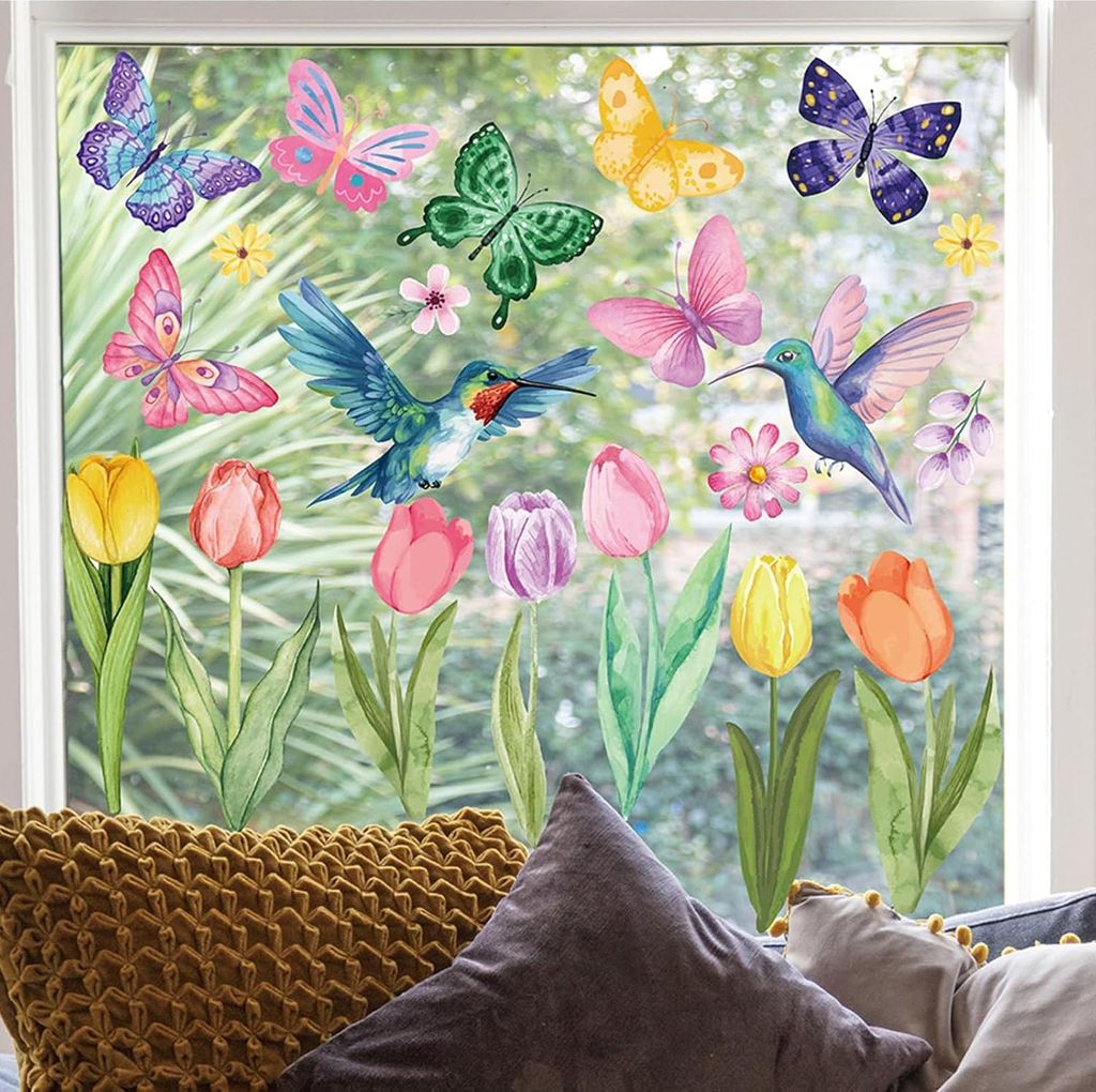 Frühling Fensteraufkleber Set - Blumen, Schmetterling, Kolibri für Glastüren